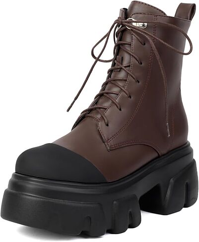 Women's Leather Black Platform Dressy Combat Boots Lightweight Gothic Round Toe Zipper Block Chunky Heel Lug Sole Lace Up Goth Ankle Boots in Kuwait
