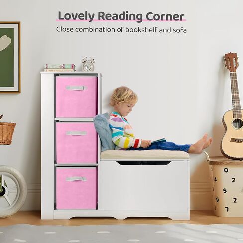 Cowiewie Kids Bookshelf with Reading Nook, Kids Toy Storage Organizers with Safety Hinged Seat, Montessori Wooden Storage Organizer Bench for Bedroom, Playroom and Bedroom - Green in Saudi Arabia