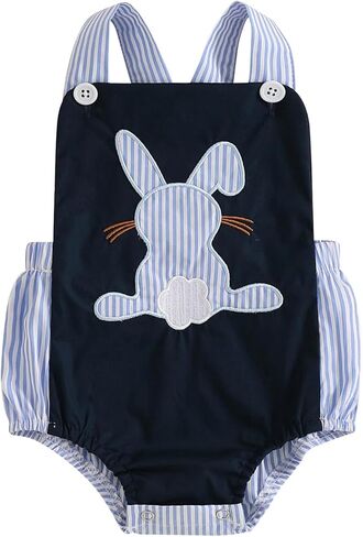 Newborn Baby Easter Outfit Girl Boy Bunny Embroidery Bubble Romper Sleeveless First Bodysuit Striped Overall Clothes in Saudi Arabia