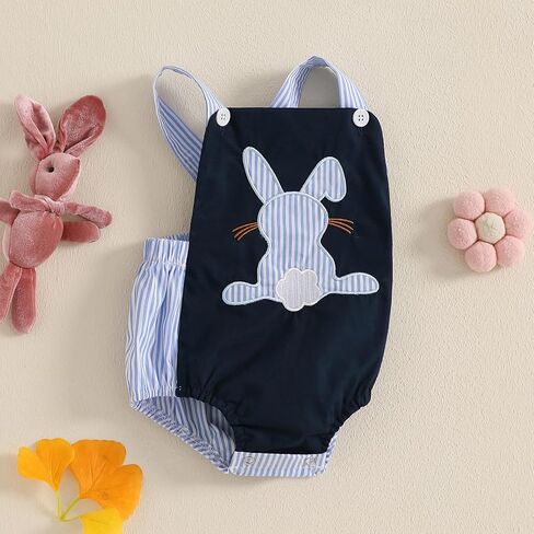 Newborn Baby Easter Outfit Girl Boy Bunny Embroidery Bubble Romper Sleeveless First Bodysuit Striped Overall Clothes in Saudi Arabia
