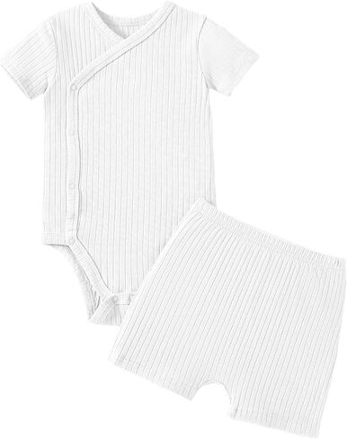 SOBOWO Newborn Boy Girl Clothes Summer Infant Ribbed Set Solid Short Sleeve Baby Side Snap Bodysuit Shorts Coming Home Outfit in Kuwait