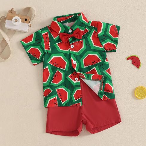 Toddler Baby Boy Watermelon Outfit Short Sleeve Lapel Neck Shirt Tops Suspender Shorts 2 Piece Clothes Sets in Saudi Arabia