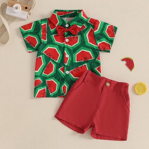 Toddler Baby Boy Watermelon Outfit Short Sleeve Lapel Neck Shirt Tops Suspender Shorts 2 Piece Clothes Sets in Saudi Arabia