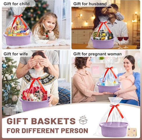 Small Woven Mothers Day Gifts Purple Basket for Storage Empty with Ribbons and Bags Durable Cute Gifts 12"X 8" X 5" Small Rope Basket for Gifting in Saudi Arabia