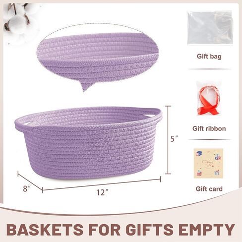Small Woven Mothers Day Gifts Purple Basket for Storage Empty with Ribbons and Bags Durable Cute Gifts 12"X 8" X 5" Small Rope Basket for Gifting in Saudi Arabia