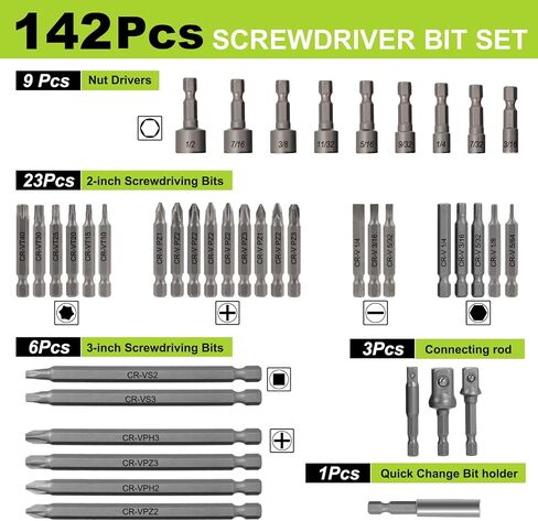 YOUGFIN Screwdriver Bit Set 142 Pieces, Chrome Vanadium Steel Driver Bits, Includes Nut Drivers, Magnetic Bit Holder, Adaptors in Kuwait
