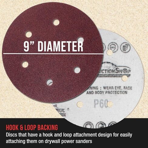 ProductionShop Premium 9" Red 6-Hole Pattern Sanding Discs, 30 Disc Variety Pack, Grits 60, 80, 120, 150, 180, 220 - Dustless Hook & Loop Backing Sandpaper for Drywall Power Sander, Woodworking Paint in Saudi Arabia