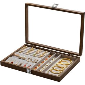 Jewelry Box,Multi-Functional Jewelry Storage Box, Jewelry Tray Wooden Jewelry Organizer with Clear Lid Vintage Jewelry Box Jewelry Display Case for Women (Yellowish brown,Square)
