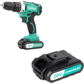 COMOWARE 20V Cordless Drill, Electric Power Drill Set with 2 Batteries & Charger, 3/8" Keyless Chuck, 2 Variable Speed, 266 In-lb Torque, 17+1 Position and 34pcs Drill/Driver Bits