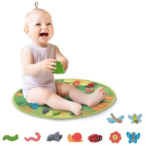 Childlike Behavior Baby Play Gym - Baby Playmat - Baby Activity Mat - Play Gym Mats for Babies - Wooden Realistic Animal Figure Toys Baby Gym - 19'' Soft Non-Woven Fabric Baby Tummy Time Play Mat