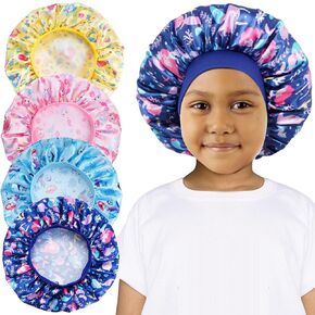 4 PCS Kids Satin Bonnet, Toddler Silk Sleeping Cap With Elastic Wide Band, Night Hat for Girls Child Baby Natural Hair (Mermaid)