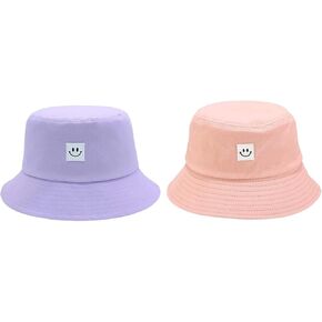 Kids Sun Hat Smile Face Bucket Hat for Girls Boys Summer Sun Protection Cotton Unisex Beach Cap Pink and Purple
