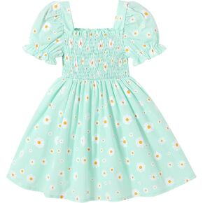 Toddler Baby Girl Summer Square Neck Floral Dress Bubble Short Sleeve Ruffle Smocked Sundress