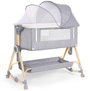 BABY BASSINET 5 in 1 ، يمكن تخزين سرير الأطفال بجانب السرير مع طاولة حفاضات وشبكة البعوض والمرتبة وطبقة التخزين في سرير سفر زر واحد (رمادي)