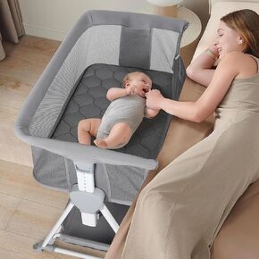 Cowiewie Bassinet Bedside Sleeper,Baby Bassinet with Air-Fiber Comfy Mattress & Adjustable Height,Foldable Bedside Crib for baby with 360°Breathable Mesh,Portable Crib for Travel with Storage & Wheels