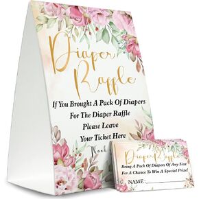 Diaper Raffle Sign,Diaper Raffle Baby Shower Game Kit (1 Standing Sign + 50 Guessing Cards),Greenery Blush Pink Floral Insert Ticket,Baby Showers Decorations,Card for Baby Shower Game to Bring a Pack of Diapers-XN16