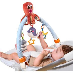 TUMAMA Clip-On Crib Activity Arch Toy, Stroller Car Seat Hanging Toy, Newborn Plush Octopus Toy, Travel Play Arch with 3 Sensory Hanging Soft Toys