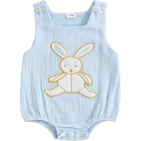 Newborn Baby First Easter Outfit Girl Boy Bunny Embroidery Bubble Romper Sleeveless Bodysuit Linen Overall Clothes