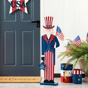 Glitzhome 42" H Patriotic Wooden America Welcome Porch Sign Wall Hanging Decor Patriotic Decorations