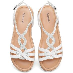 Saidoteto Women's Wide Width Flat Sandals,Casual Open Toe Strappy Slip-on Summer Dressy Sandals with Sparkling Rhinestones