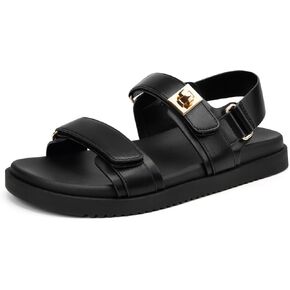 Women's Flat Sandals Adjustable Double Strap Slide Sandals Open Toe Slip on Shoes Resistant Leather Footbed Comfort Sandals Dressy for Summer Beach Vacation
