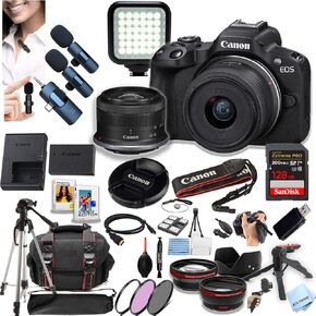 Canon EOS R50 Mirrorless Camera with 18-45mm Lens + 128GB Extreme Memory, Wireless Lavalier Microphones, Lenses, Filters, Case, Tripod, Flash, Software, and More (Content Creator Bundle) (Renewed)
