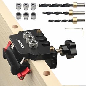 TOOLCOOL 3 in 1 Self Centering Dowel Jig Kit for Woodworking Creates Edge, L-Shaped, and T-Shaped Joints, with 3 x (6mm 8mm 10mm) Drill Guide Bushings, 3 x Drill Bits and Stop Collars