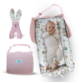 -Baby Lounger for Newborn, 2in1 Diapers Bag and Baby Nest, Matching Plush, Carry Your Essentials, 0-12 Months, Co Sleeping, Baby Floor Seat, Waterproof (Dreamland)