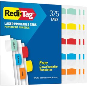 Redi-Tag Laser Printable Index Tabs, Permanent Adhesive, 1-1/8 x 1-1/4 Inches, Bulk Packed, 375 Tabs Per Pack, Assorted Colors (39020)