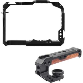 EOS R8 Camera Cage, EOS R8 Cage with Wooden Camera Top Handle with 3 Cold Shoes to Mount DSLR Camera