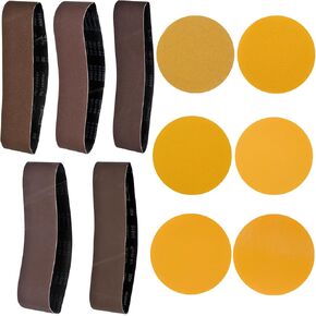 10 PCS Sanding Belts, 4 x 36 Inch Sanding Belts, (80/120/150/240/400 Grit) 10 PCS Aluminum Oxide Belt, 12 PCS 6" Hook and Loop Sanding Discs