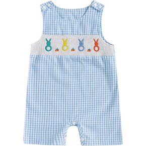 Newborn Baby Boy Girl Easter Outfit Embroidery Sleeveless Romper Bodysuit One Piece Plaid Jumpsuit Summer Clothes