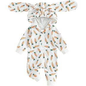 Baby Girl Boy Easter Outfit Long Sleeve Zipper Hooded Romper Bodysuit Rabbit Ear Jumpsuit Cute Newborn Bunny Clothes(Easter Carrot-White,6-12 Months)