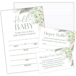 Hello Baby 25 Baby Shower Invitations with Envelopes, Diaper Raffle Cards, Book Cards for Baby Gender Reveal Party -03