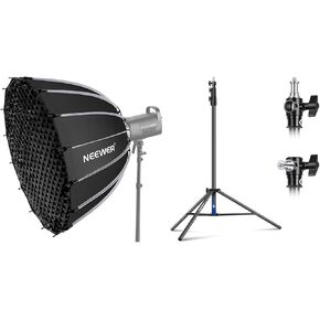 NEEWER 33inch/85cm Parabolic Softbox Quick Set up Quick Folding, with Diffusers/Honeycomb Grid/Bag, Compatible with Aputure 120d Light Dome Godox sl60w NEEWER RGB CB60, 8.5ft/2.6m Light Stand Included