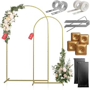 Stela & Vine 2-Pcs Arch Backdrop Stand Set - 7.2ft & 6ft Gold Arch with Accessories - Includes Water Bags, Carry Bags, Garland Strips, Balloon Dot Glues for Party, Wedding, and Event Decorations