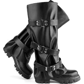 Knee High Boots for Women Fold Over Round Toe Stylish Slouchy Platform Low Heel Wide Calf Biker Moto Gothic Buckle Fashion Boots