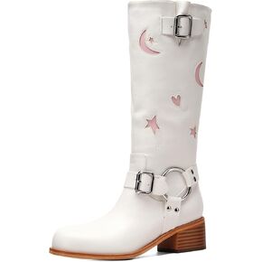 Riding Boots for Women Knee High with Buckle Stars Moon Heart Patterns Low Heel