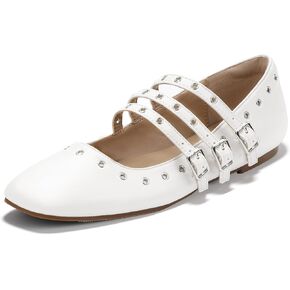IDIFU Mary Jane Flats Square Toe Strappy Three Staps Ballet Flats Dress Shoes Vintage Bridal Ladies Dressy Comfortable Casual Formal Cute Flats Work Wedding Evening Flat Shoes
