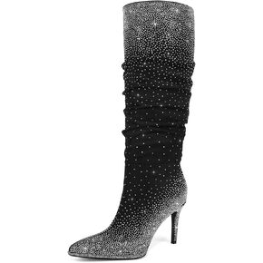 Womens Rhinestone Knee High Boots Sparkly Slouchy Tall Boots Pointed Toe High Heel Wide Calf Glitter Stiletto Boot for Women