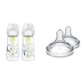 Dr. Brown's Anti-Colic Options+ Wide-Neck Baby Bottles, Dino Decos, 9oz, Level 1 Nipple 2-Pack + Level 3 Nipple 2-Pack