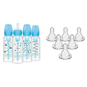 Dr. Brown's Natural Flow Anti-Colic Options+ Narrow Baby Bottles, Nature Designs, 8oz/250mL & Natural Flow Level 2 Narrow Baby Bottle Silicone Nipple, Medium Flow, 3m+