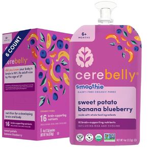 Cerebelly Organic Baby Food Pouches – Dairy Free Smoothies for Toddlers | No Added Sugar, Fiber, Non-GMO | Toddler Smoothie Pouches | 4oz BPA-Free Baby Food | Sweet Potato Banana Blueberry | 6 Count