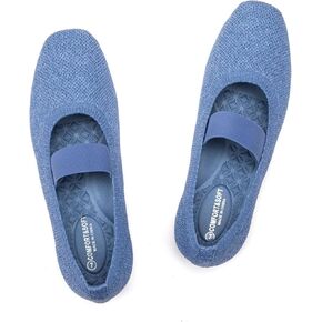Frank Mully Women's Ballet Flats Slip on Casual Knitted Fabric Shoes Square-Toe Flats with Elastic Straps for Women