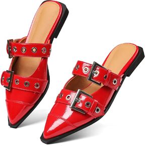 Buckle Flats for Women Pointy Toe Wide Welt Buckled Mules Low Block Heel Slippers Mary Jane Shoes Comfortable Ballerina Flats