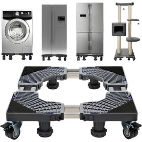 Fridge Stand Mobile Base with 4 Locking Wheels and 4 Strong Feet, Adjustable Furniture Dolly for Washer Dryer Washing Machine Stand Pedestal, Refrigerator (Grey, Large)