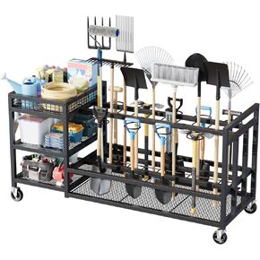 Garden Tool Organizer with Wheels-Movable Garden Tool Rack with Storage Hooks for Long-Handled Tools/Rakes/Brooms/Shovels,Heavy Duty Metal Garden Tool Storage for Garage,Shed,Garden,Black