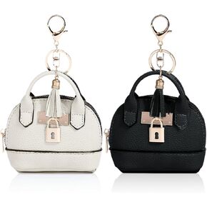 2 PCS Cute Mini Tote Bag Keychain for Women PU Leather Mini Backpack Purse Keychain Little Cosmetic Bag Key Lipstick Card Data Cable Organizer