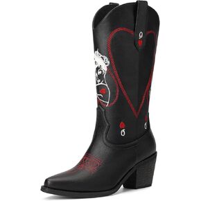 Women's Mid Calf Cowboy Boots - Western Cowgirl Boots with Queen of Hearts Embroidery, Stitched Pointed Toe Pull On Retro Style, Perfect for Parties, Concerts, and More