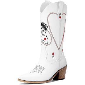 Women's Mid Calf Cowboy Boots - Western Cowgirl Boots with Queen of Hearts Embroidery, Stitched Pointed Toe Pull On Retro Style, Perfect for Parties, Concerts, and More in Saudi Arabia